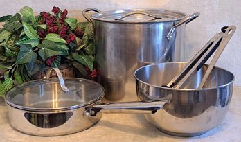 Stainless Steel Stock Pot, Frying Pan With Glass Lid, Mixing Bowl And Utensils