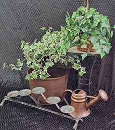 Planter, Watering Can, Wrought Iron Plant Stand, Ginger Jar, Candle Holder And 2 Faux Plants