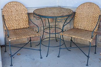 Cute Wicker And Green Painted Wrought Iron Bistro Set