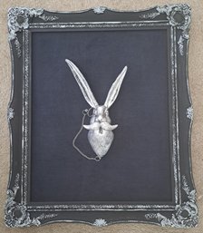 Bunny W/ Monocle Steampunk Style Resin Character Rabbit On Black Velvet In Black And Silver Antiqued Frame