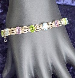 Beautiful Mutil Gem Stone Sterling Bracelet With Peridot, Amethyst, And Blue Topaz
