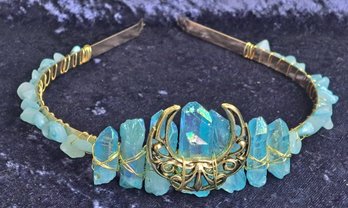 Wire Wrapped Natural Crystal Aqua Aura Tiara With Goddess Moon Symbol