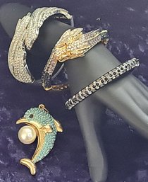 3 Vintage Glam Rhinestone Bracelets And Dolphin Pendant