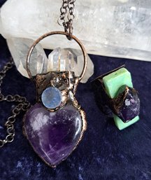 Amethyst And Jade Ring & Amethyst And Crystal Pendant In Copper Tone Metal