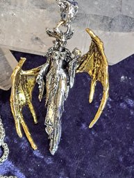 Unisex, Goth, Steampunk Winged Sorceress Silver And Gold Tone Pendant With Chain