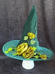 Fabulous Flower Embellished Green Velvet Witch's Hat NWOT