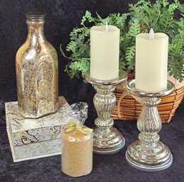 Mercury Glass Style Bottle And Lighted Candle Holders With Battery Candes, Gold Candle And Metallic Box