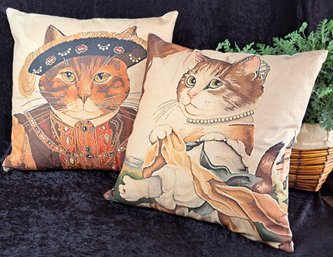 NWOT Pair Of Steampunk Style Linen Blend Cat Pillows With Feather Inserts