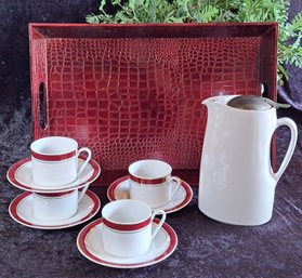 Bee House Japan Coffee Pot, 4 Crown Porcelain Cups And Saucers & Faux Croc Red Tray