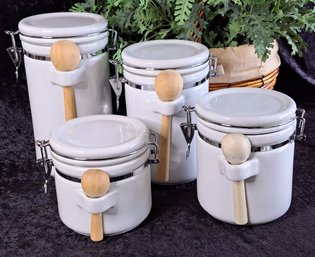 White Ceramic 4 Pc Cannister Set With Spoons