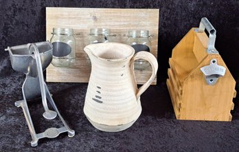 4 Rustic Decor Items: Decorative Pitcher, 3 Jar Wal Hanging, Vintahe Juicer And Wood Condiment Holder