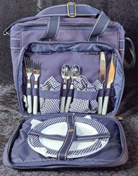 Picnic At Ascot Navy Blue Insulated Tote With Plates, Napkins And Flatware