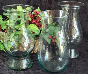 Trio Of Hand Blown Vases From Mexico In Green Tinted Glass