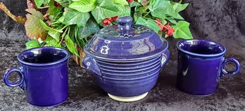 Pair Of Fiesta Cobalt O- Ring Mugs And Uncommon Goods Microwave Veggie Steamer With Deep Blue Glaze