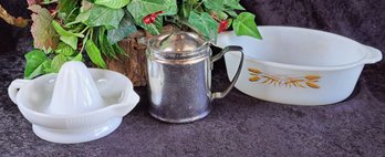Vintage Trio: Fire King Wheat Pattern Casserole, Federal Glass Milk Glass Citris Juicer & Stainless Creamer