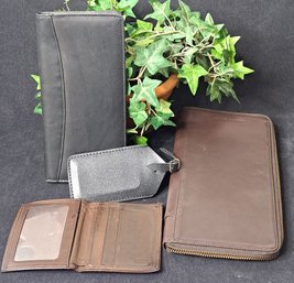 3 Vintage Leather Wallets/ Travel Folios And Faux Leather Luggage Tag Including Coach Wallet & Eddie Bauer