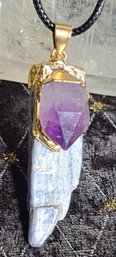 New! Kyanite & Amethyst Pendant On Faux Leather Cord