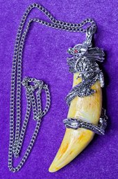 Huge, Amazing Asian Inspired Dragon Wrapped Arounf Faux Tusk On 24 Inch Silver Tone Chain