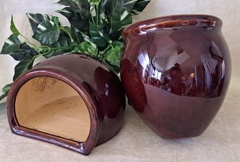 Pair Of Brown Glazed Hanging Wall Pots