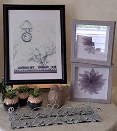Rustic Decor Collection: Framed Art, Hanging Shelves, Faux Succulents & Ceramic Bird Candle Holder