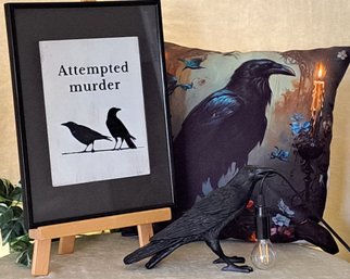 A Murder Of Crows: Pillow, Crow Lamp & Funny Picture