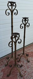 Trio Of Wrought Iron Antique Bronze Painted Scrolled Candlesticks