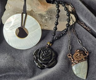 Obsidian Rose Necklace, MOP Pendant On Cord &  Copper Tone Moon, Star And Natural Stone Necklace