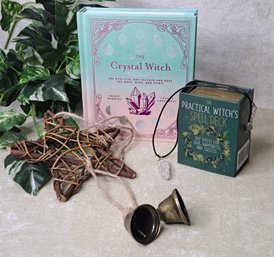 The Crystal Witch, The Practical Witch's Spell Deck, Crystal Pendant On Cord & Witch Bells Wind Chime