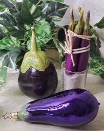 Eggplant Themed Decor: Small Lidded Jar, Glass Eggplant Ornament, & Eggplant Candles
