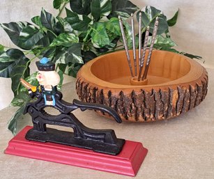 Pair Of Vintage Pieces: Nut Bowl With Picks And Cast Iron Nutcracker