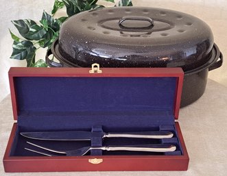 Hampton @ Home Boxed Carving Knife And Fork Set And Black Speckled Enamelware Roasting Pan
