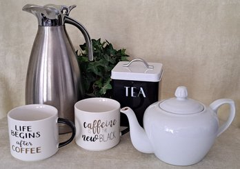 Coffee And Tea: Stainless Carafe, 2 Mugs, Teapot & Metal Tea Cannister