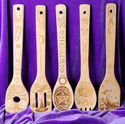 NWOT Witchy Wooden Spoon Set With Designs Representing Earth, Air, Fire, Water & Spirit