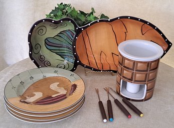 Decadence Fondue Set, Warren Kimble Collection Cat Plates & Carrot Shaped Crudite' Server