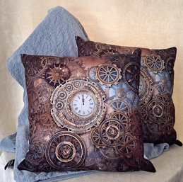 Pair Of Steampunk Time & Gear Pillows And Aqua Velour Throw