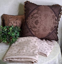 Waverly Taupe Polkadot Panels And Scarf Valance Plus Two Brown Tone Throw Pillows