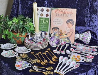 Assortment Of Tea Accessories Including Books, Spoons, Forks & More