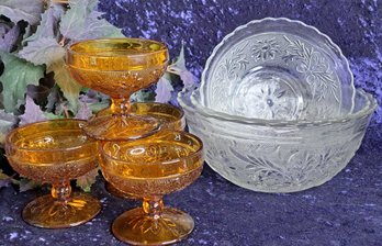 Vintage MCM Indiana Glass: 4 Tiara Amber Sherbet Cups And 3 Tiara Clear Nesting Bowls