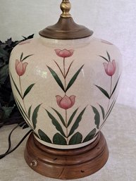 Vintage Hand Painted Ceramic Lamp With Pink Tulips And Crackle Finish