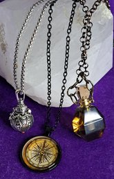 Trio Of Necklaces: Smokey Quartz Perfume Bottle, Silver Tone Perfume Diffuser & Steampunk Style Compass