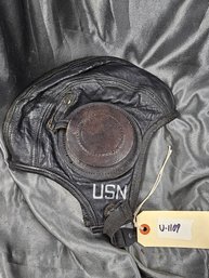 U.S. WWII Navy USN AV-475 Black Leather Blast Helmet