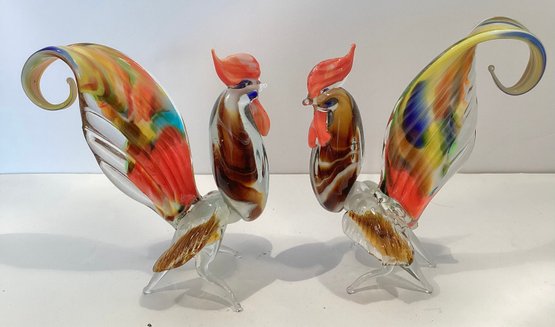 Pair Of  Art Glass Roosters