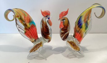 Pair Of  Art Glass Roosters