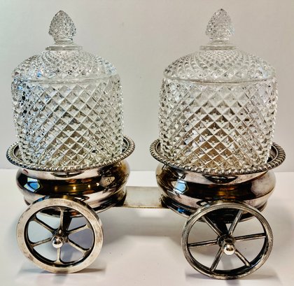 CHARMING & PRACTICAL SILVER-PLATED CONDIMENT CART W TWO CRYSTALgLASS BOWLS BY VICTORIA SILVER CO.--6.5' X 6'
