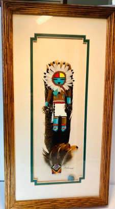 Colorful Painting Of Native American Kachina With A Large Piece Of Turquoise Under Frame---Feathers & Beads
