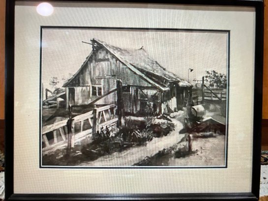 Signed And Framed Lithograph Of Striking Sketch Of Barn By Artist M. Berniece Kelley--Numbered 42/44