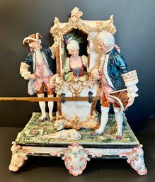 STUNNING AND LARGE VICTORIAN DESIGN PORCELAIN SEDAN CHAIR WITH A LADY, TWO COURTIERS AND DOG (Maybe Dresden)