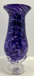 BEAUTIFUL HAND-BLOWN CRYSTAL VASE--RICH PURPLE SWIRL AND ORNATE BASE--Excellent Condition--8 Inches Tall