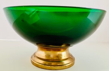 RICHLY COLORED VINTAGE GREEN GLASS BOWL WITH BRASS TONE BASE--4.5 Inches Tall X 7.5 Inches Diameter