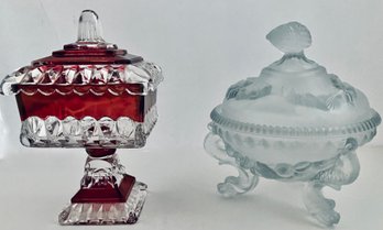 TWO MID-CENTURY GLASS CANDY DISHES---EXCELLENT CONDITION--One Frosted Glass/One Red & Clear Glass--6' Tall